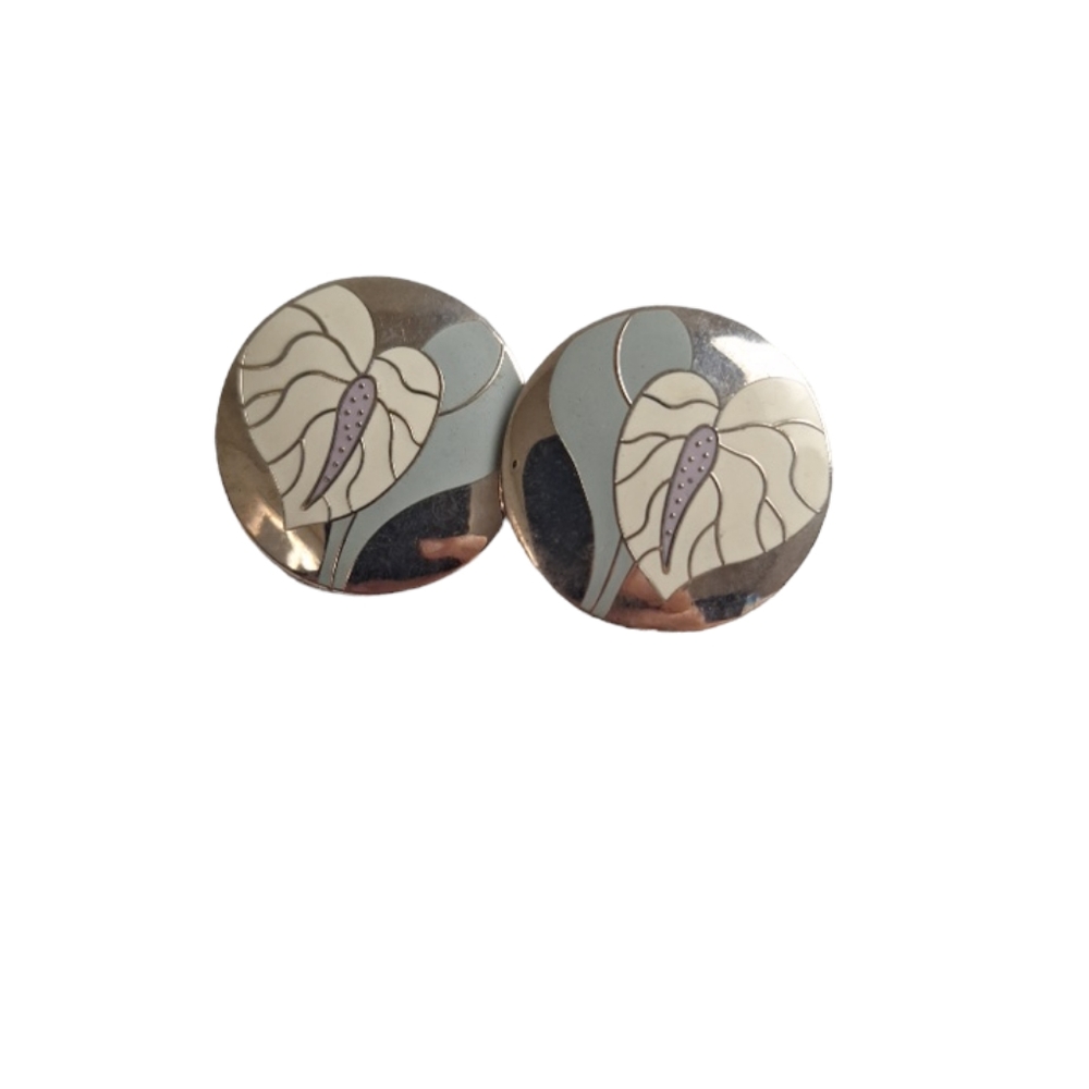 Vtg Laurel Burch Stud Earrings "Antherium" Silver Plating Cream and Gray Black 1